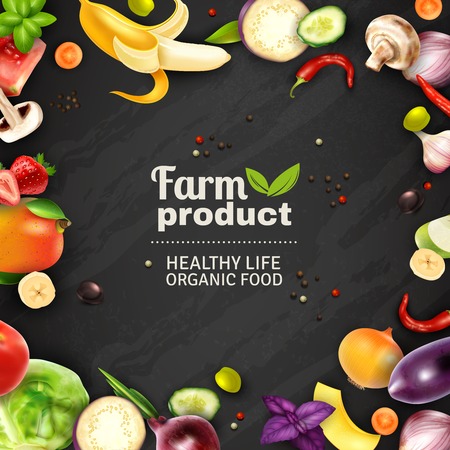 Farm product typographic poster with black chalkboard background and color decorative frame composed of fruits and vegetables signs advertising healthy organic food vector illustrationのイラスト素材