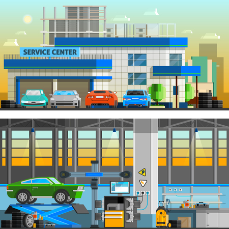 Auto service flat horizontal banners with parking near service center building and  workshop indoor interior with equipment for diagnostics and repair automobiles vector illustrationのイラスト素材