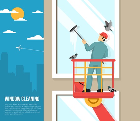 Professional washer cleaning tall office building windows with rubber squeezer flat placard poster abstract vector illustrationのイラスト素材
