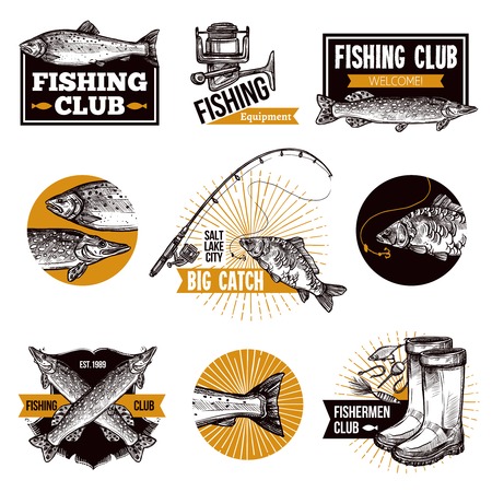 Hand drawn fishing  emblems set with fishes equipments like fishing rod and advertising isolated vector illustrationのイラスト素材