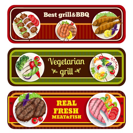 Grill dishes banners barbecue best fresh meat fish vegetarian food vector illustrationのイラスト素材