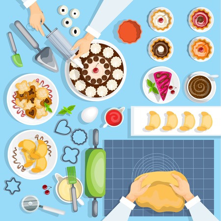 Baker Workplace Top View Set. Confectionery Vector Illustration. Pastry Cartoon Symbols. Baker Workplace Design Set.  Bakery Isolated Set.のイラスト素材