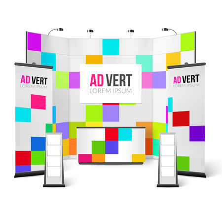Exhibition Stand Bright Design. Exhibition Stand Color Template. Exhibition Stand Realistic Vector Illustration. Exhibition Marketing Stand Elements.のイラスト素材