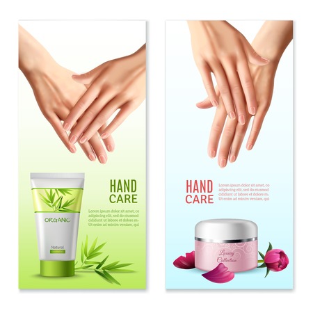Natural hand creams with plants and rose buds extracts 2 vertical realistic banners with text isolated vector illustrationのイラスト素材