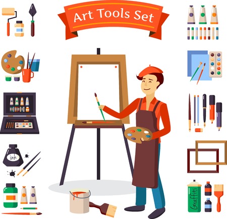 Artist and art tools set for painting and creature vector illustrationのイラスト素材