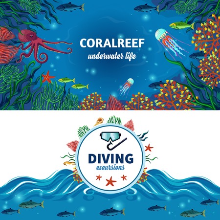 Sea life horizontal banners with colorful image of coral reefs exotic underwater animals and diving advertising flat vector illustrationのイラスト素材