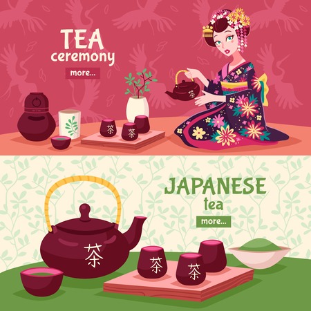 Two horizontal tea ceremony banner set with a woman who pours tea and Japanese tea tradition vector illustrationのイラスト素材