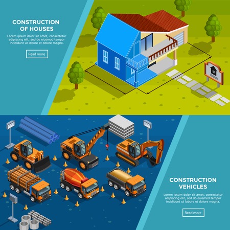 Two construction isometric banners with layout of country house vehicles for road works trucks and tippers flat vector illustrationのイラスト素材