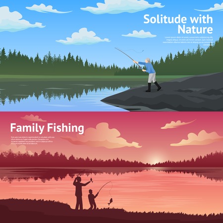 Family fishing in the counryside 2 flat horizontal banners set about outdoor activirties abstract isolated vector illustrationのイラスト素材