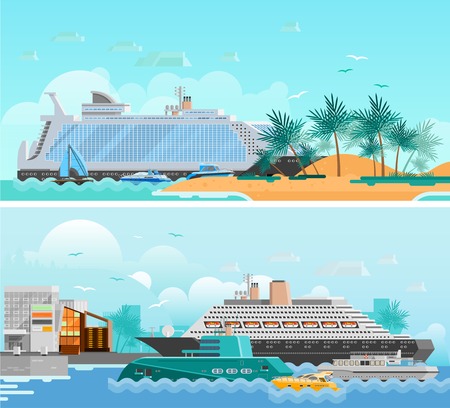 Cruise vacation flat horizontal banners set with passenger liners south beach modern hotels and sailboats vector illustrationのイラスト素材