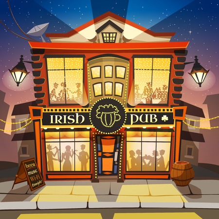 Irish Pub Cartoon Background.  Irish Pub Building Vector Illustration.  Irish Pub Design. Irish Pub Decorative Illustration.のイラスト素材