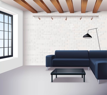 Realistic loft interior concept in minimalistic style with sofa coffee table window lamps and light brick walls vector illustrationのイラスト素材