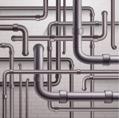 Seamless industrial pipeline pattern on light grey brick wall background realistic vector...