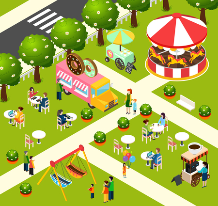 Street food truck in fairy entertaining park selling donuts and coffee isometric composition poster abstract vector illustrationのイラスト素材