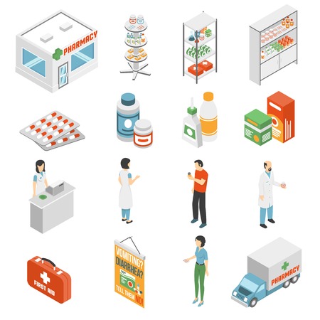 Pharmacy and medical supply service concept  isometric icons set with drugstore customer assistance abstract isolated vector illustrationのイラスト素材