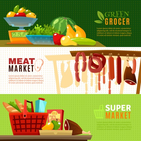 Market horizontal banners set with greengrocery and supermarket cartoon isolated vector illustrationのイラスト素材