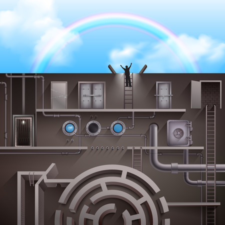 Way out concept with silhouette of happy man on blue sky with rainbow background cartoon vector illustrationのイラスト素材