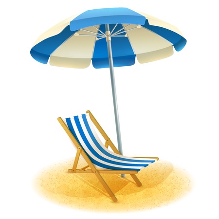 Deck chair with umbrella and beach sand in summer cartoon vector illustrationのイラスト素材