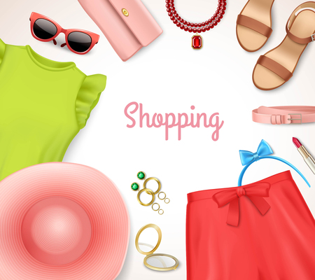 Summer romantic women clothing and accessories frame shopping poster flat vector illustrationのイラスト素材