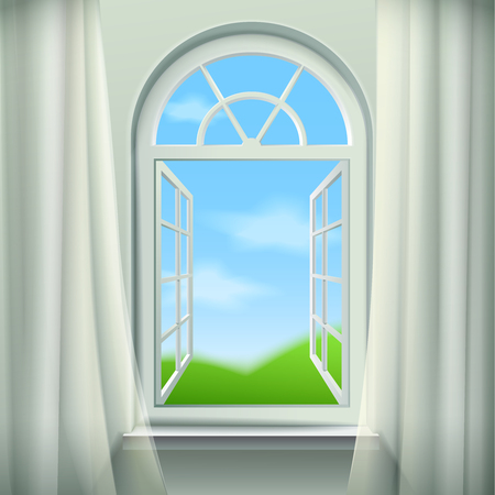 Open Arched Window  Background. Open Arched Window Vector Illustration. Open Arched Window Design. Arched Window Realistic  Decorative Illustration.のイラスト素材