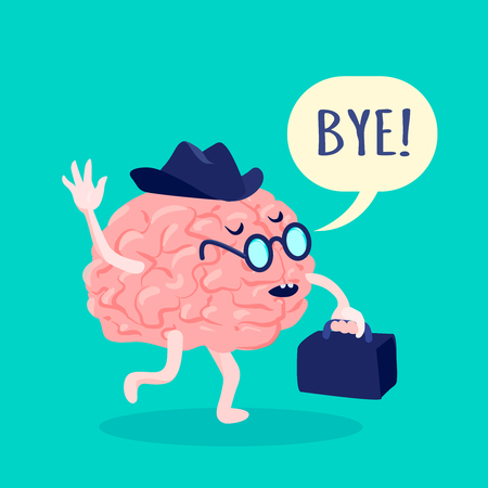 Brain in hat and glasses saying bye with suitcase flat vector illustrationのイラスト素材