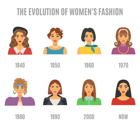 Women Fashion Icons Set. Fashion Evolution Avatar Vector Illustration. Fashion Evolution Decorative Set.  Fashion Evolution Design Set. Fashion Evolution Flat Isolated Set.のイラスト素材