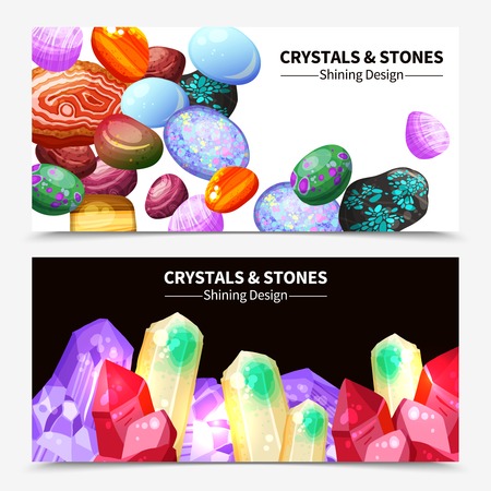 Horizontal crystal stones and rocks with shining design on white and black background banners cartoon isolated vector illustrationのイラスト素材