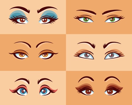Women eyes set with different shape size and makeup flat vector illustrationのイラスト素材