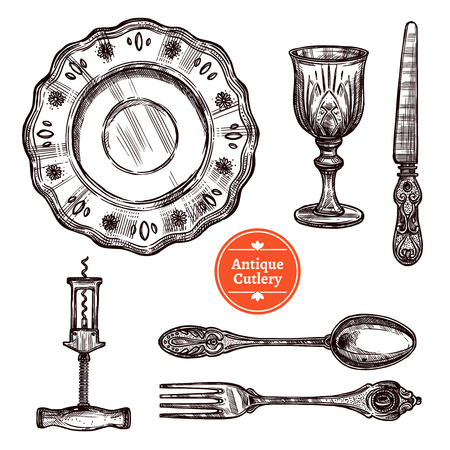 Hand drawn antique silver cutlery set with vintage spoon fork plate glass and knife isolated vector illustrationのイラスト素材