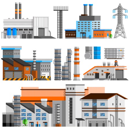 Industrial buildings orthogonal set with pipes flat isolated vector illustrationのイラスト素材