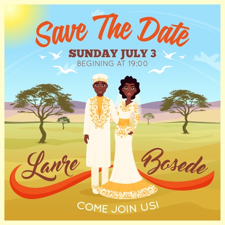 Africans wedding couple on desert background invitation poster flat vector illustrationのイラスト素材