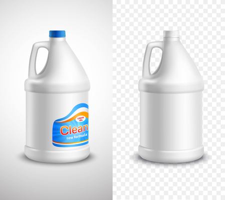 Product package design vertical banners with blank and labeled laundry detergent bottles on white and plaid backgrounds realistic isolated vector illustrationのイラスト素材