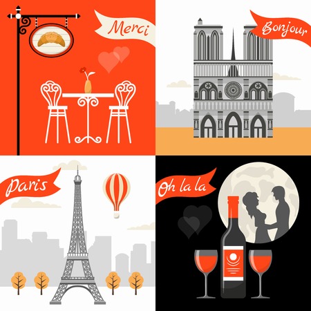 France Paris Retro Style Concept with triumphal arch eiffel tower street cafe romantic appointment isolated vector illustrationのイラスト素材