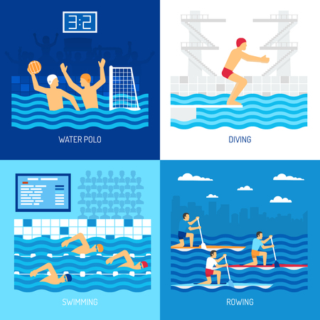 Water sport concept with polo swimming diving in pool canoe rowing at outdoor isolated vector illustrationのイラスト素材