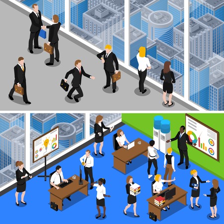 Business people at work two horizontal isometric with office managers and administrative personnel abstract isolated vector illustrationのイラスト素材