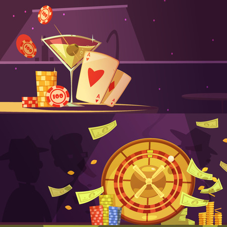 Color cartoon banners depicting casino equipment roulette drink money cards and chips vector illustrationのイラスト素材