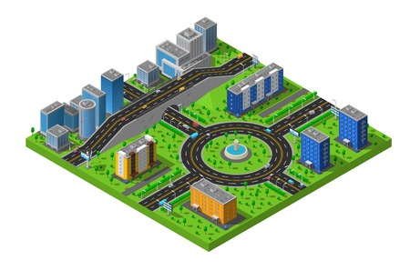 City business and residential districts isometric map poster with circular roundabout intersection with central island abstract vector illustrationのイラスト素材