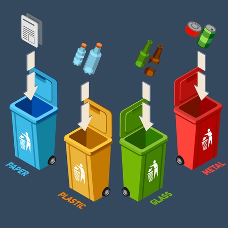 Waste management isometric concept with different colored recycle bins for garbage separation vector illustrationのイラスト素材