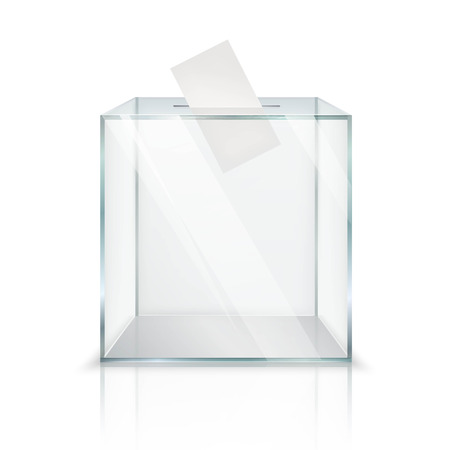 Realistic empty transparent ballot box with voting paper in hole on white background isolated vector illustrationのイラスト素材