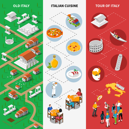 Italy tourists attractions isometric pictorial guide 3 vertical banners with national flag background poster abstract vector illustrationのイラスト素材