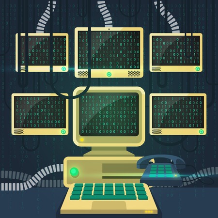 Phone old computer monitors with matrix flat vector illustrationのイラスト素材