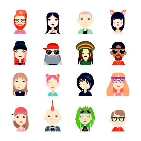 Subcultures and people icons set with hippie and hipster flat isolated vector illustrationのイラスト素材