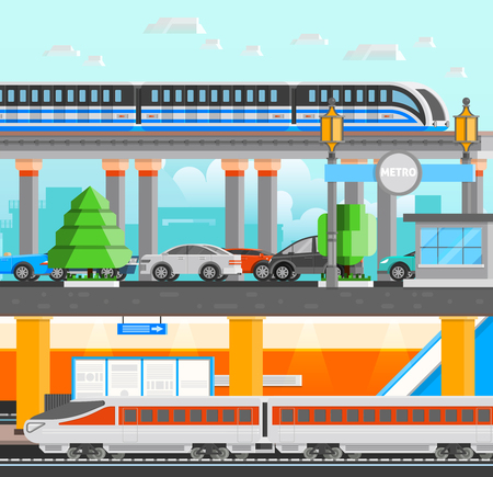 Subway underground design concept set with modern high speed monorail and metro trains and cars flat vector illustrationのイラスト素材