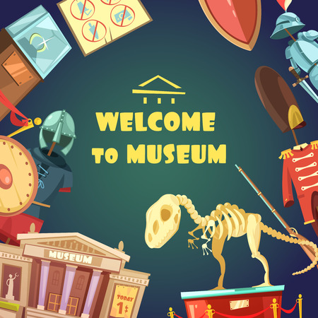 Color invitation to museum in cartoon style with dinosaur armor vector illustrationのイラスト素材