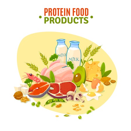 Protein containing products variety for healthy daily ration including dairy and vegetables flat background poster abstract vector illustrationのイラスト素材
