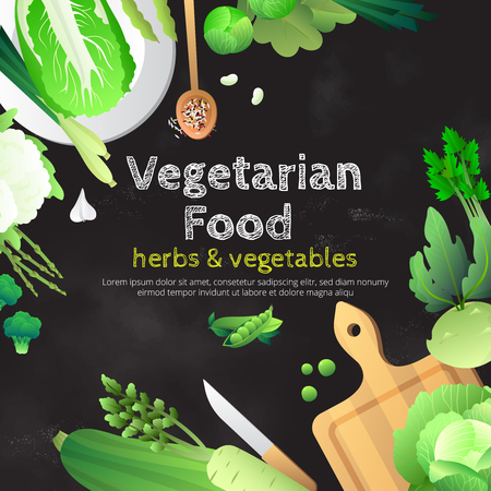 Vegetarian food chalkboard advertisement poster with organic fresh green vegetables and herbs on cutting board vector illustrationのイラスト素材