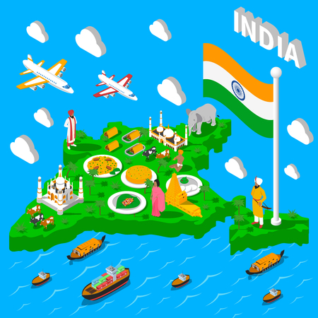 Indian map for tourists with transportation means landmarks cultural symbols and national food isometric poster vector illustrationのイラスト素材