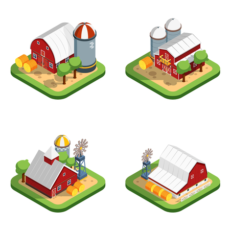 Countryside landscape isometric isolated compositions with farmhouse elevator haystack wind turbine design elements vector illustrationのイラスト素材