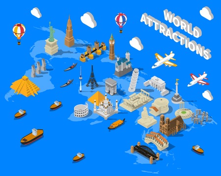 World famous touristic attractions isometric map poster with leaning pisa tower and empire state building vector illustrationのイラスト素材