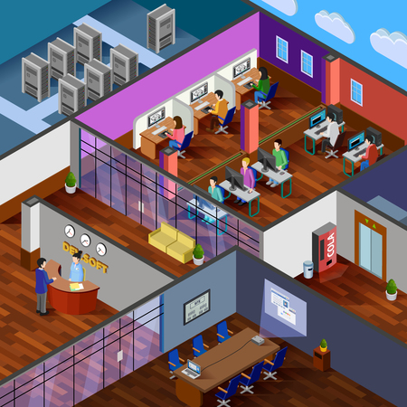 Development office isometric design concept with reception server room conference hall and working place for software developers flat vector illustrationのイラスト素材